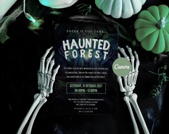 Enchanted Forest Zombie Halloween Spooky Party Invitation, Editable Canva Template (Digital Download)