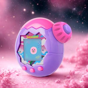 May include: A purple and pink Tamagotchi virtual pet device. The egg-shaped device has a screen displaying a cartoon character. The device has pink buttons and a pink control knob. The text "Tamagotchi" is visible on the device.