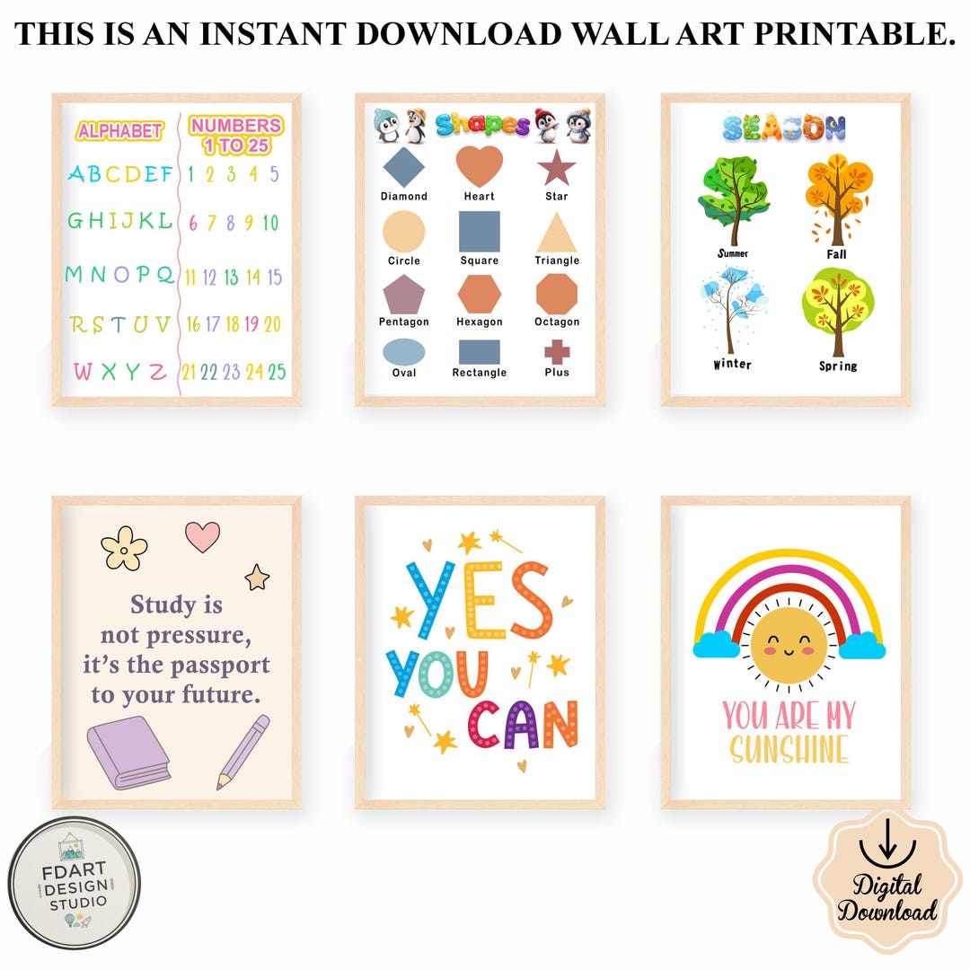Printable Kids Posters Set of 6 Educational Wall Art for Playroom ...
