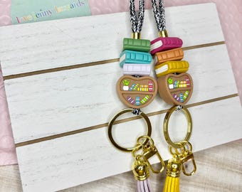 Handmade Polymer Clay Book Stack Lanyard | Rainbow Colors Teacher Accessory
