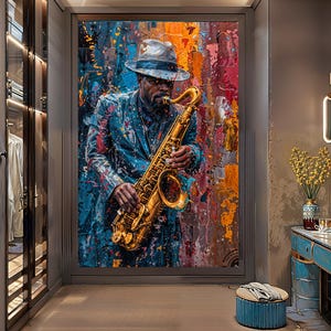 African Jazz Art, African Canvas, Jazz Wall Art,Black Man Musician Canvas, Colorful painting with jazz band on the streets