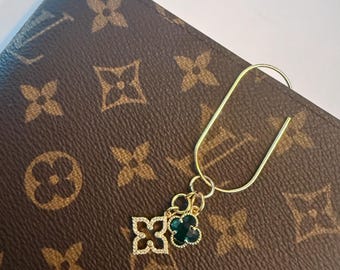 GREEN - Wide 2” Gold Planner Clip + Rhinestone Blossom Charm + Green Clover Charm