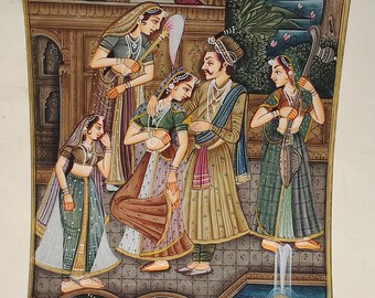 インド宮廷絵画 INDIAN COURT MINIATURE PAINTING Indian Miniature Painting: Gilded Mogul Court Scene, Rajasthan Art