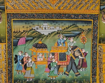アンティーク◆ムガル帝国の細密画＊印Miniature Old Painting ムガル帝国皇帝の細密画：インドのハーレム芸術、音楽、舞踏（13x8
