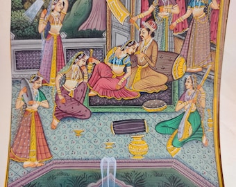 Indian Miniature Painting: Gilded Mogul Court Scene, Rajasthan Art