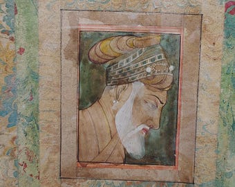 Indian Mughal Emperors Miniature Portrait with Calligraphy | Manuscript Style Decorative Wall Artwork