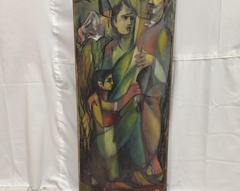 Vintage Indian Mother Child Painting | Cubist Expressionist Wall Art