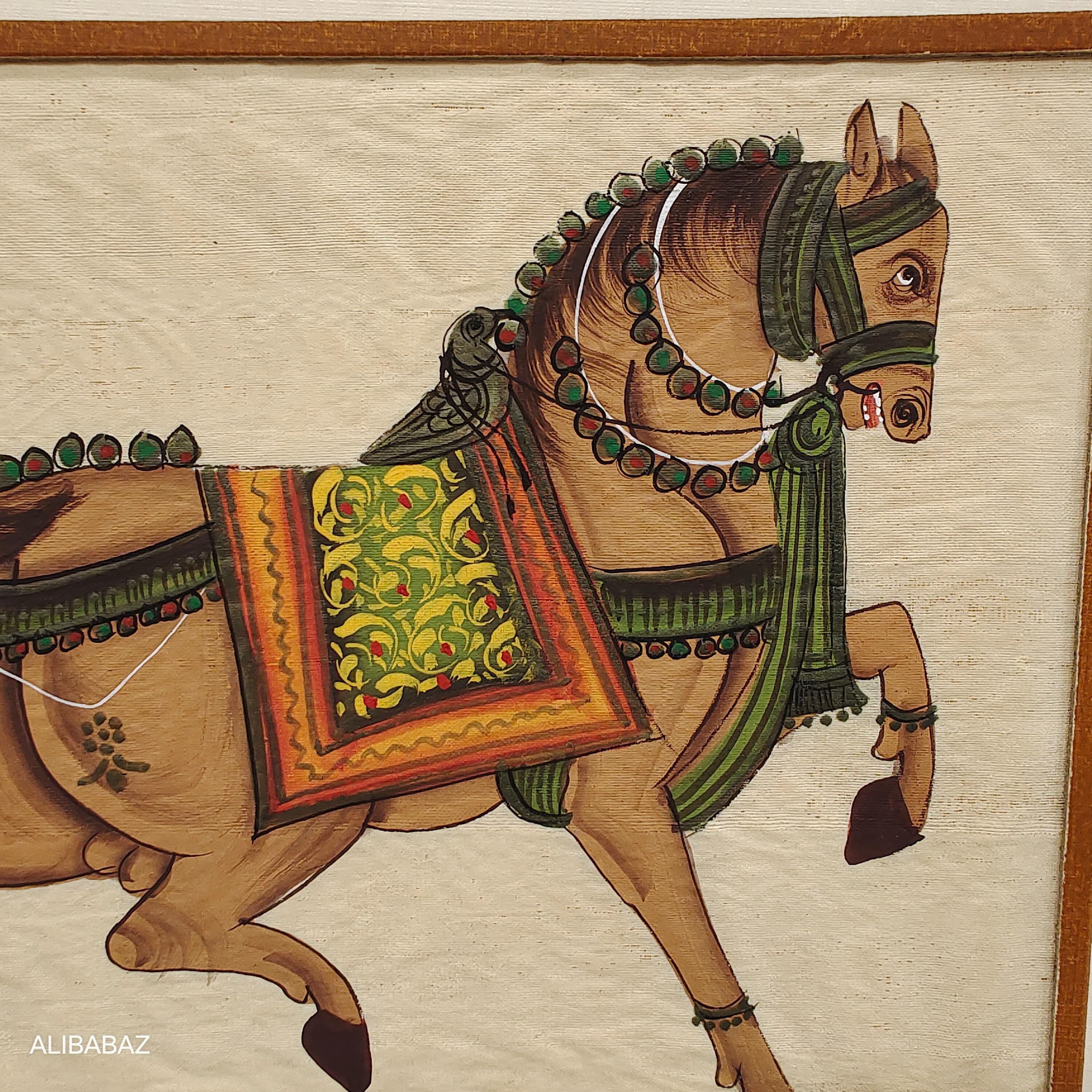 Indian Miniature Horse Painting on Silk Mughal Rajasthani Wall Decor
