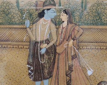 アンティーク インド細密画 | クリシュナとラダのサンスクリット語写本額装アート作品 | ムガル帝国ラージプートの壁飾り