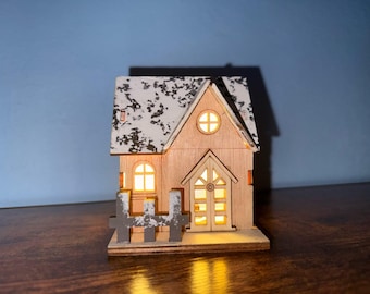 Handcrafted Wooden House Ornament | Twinkling Window Decor