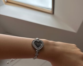 Rhinestone Heart Watch: Black Dial Silver Bracelet Watch