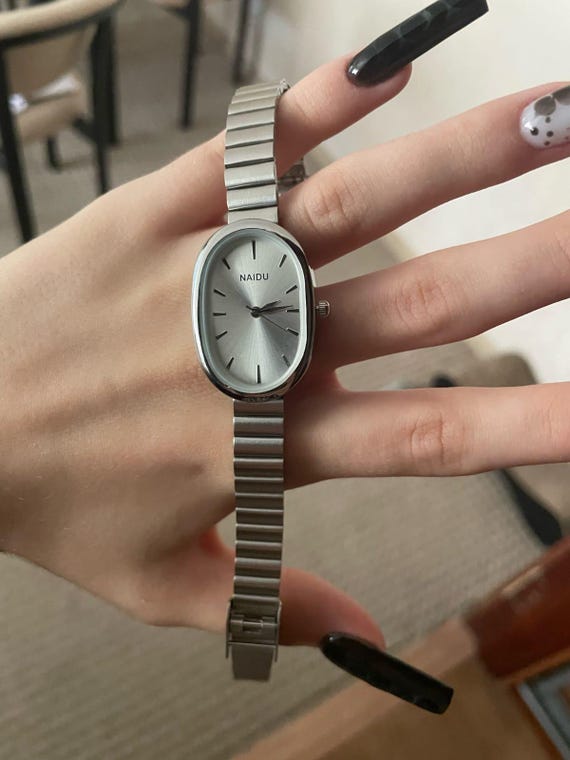 Minimalist Silver Oval Watch | Stainless Steel, Dainty  display picture 1