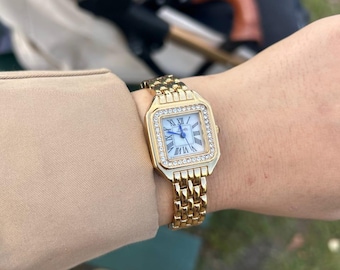 Gouden horloge in vintagestijl met diamanten ring: roestvrijstalen band