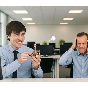 Puede incluir: Un hombre con camisa azul sonríe mientras sostiene una pequeña catapulta dorada. Un soplo blanco se lanza desde la catapulta hacia otro hombre, que se tapa los oídos. La escena tiene lugar en un entorno de oficina.