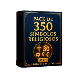 Puede incluir: Una caja azul oscuro con ribetes dorados y texto que dice "PACK DE 350 SÍMBOLOS RELIGIOSOS". La caja también presenta un emblema dorado con símbolos religiosos y el texto "DXF PRODUCTO DIGITAL."