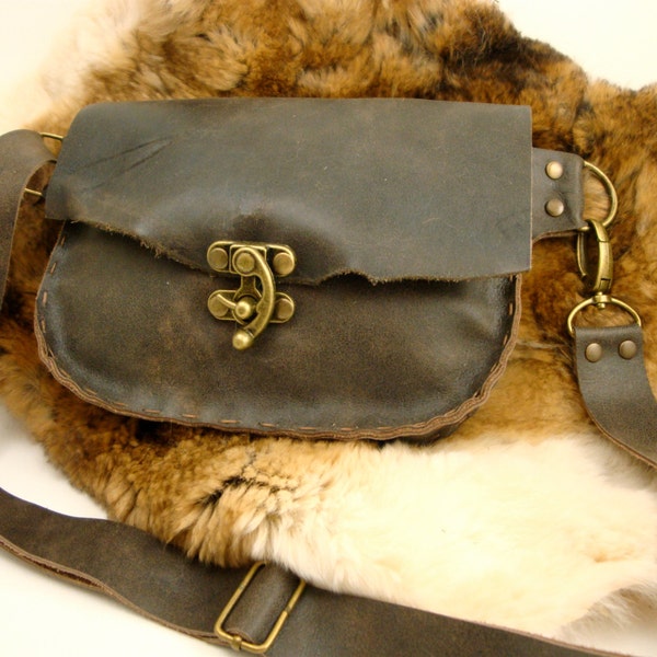 Distressed Grey Leather Fanny Pack with Antique Brass Swing Clasp