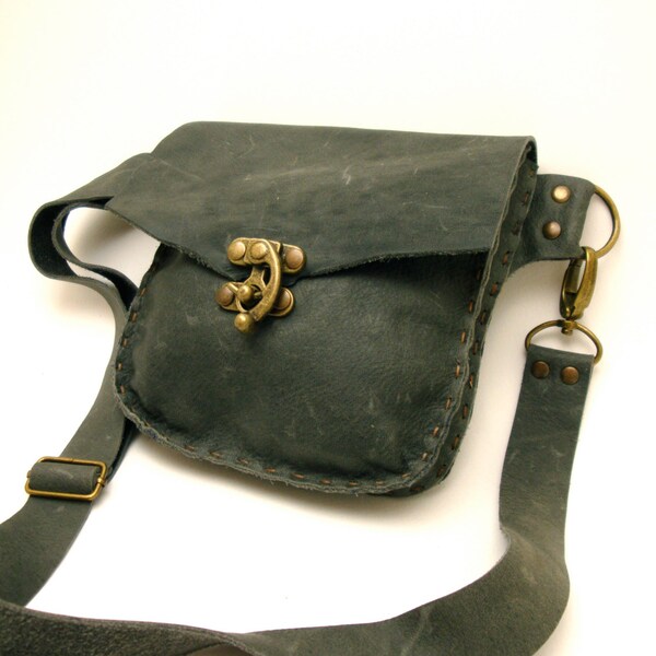 Grey Leather Fanny Pack with Antique Brass Swing Clasp