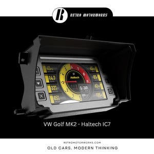 May include: A black Haltech IC7 digital dashboard for a VW Golf MK2. The display shows various gauges with yellow, red, and white indicators. The text "RETRO MOTORWORKS" and "OLD CARS. MODERN THINKING" are also visible.
