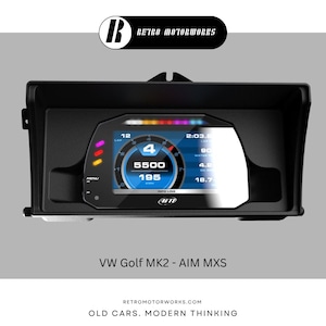 May include: A black digital dashboard for a VW Golf MK2, displaying speed, RPM, and other vehicle data. The screen shows a speedometer with a reading of 195 km/h. The dashboard has the Retro Motorworks logo.
