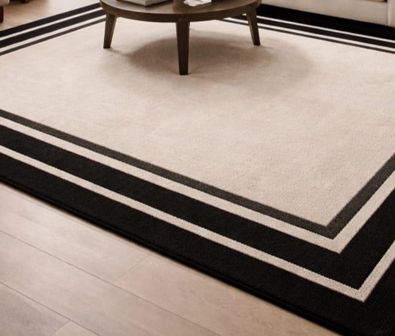 Hand Tufted Wool Area Rug – Black Border Ivory Modern Carpet With ...