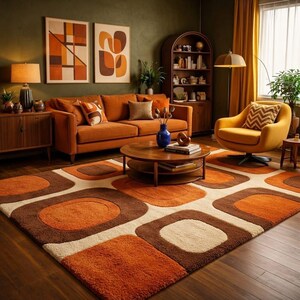 Peut inclure: Un tapis rectangulaire orné d'un motif géométrique répétitif composé de carrés et de rectangles arrondis dans des tons orange brûlé, brun foncé et crème. Le tapis présente un poil épais et texturé recouvrant une grande partie du parquet.