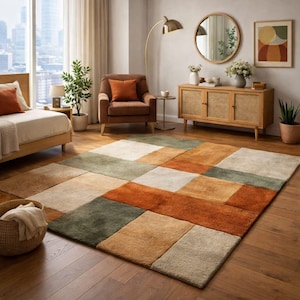 Retro Patchwork Wollteppich - Handgetufteter erdfarbener Wohnzimmerteppich