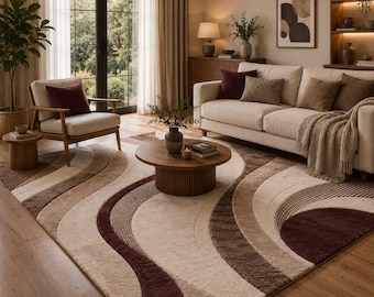 Alfombra de lana tejida a mano, diseño curvo moderno orgánico, color beige burdeos.