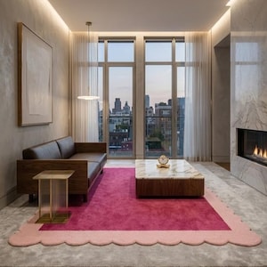 May include: A modern living room with a dark brown leather sofa, a wooden coffee table with a marble top, and a vibrant pink rug with a scalloped edge. The room features large windows with a city view and a fireplace.