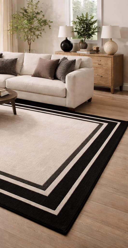 Hand Tufted Wool Area Rug – Black Border Ivory Modern Carpet With ...