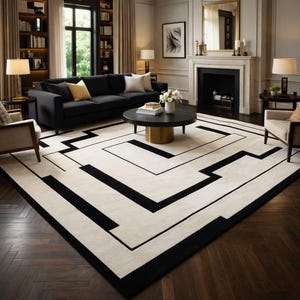 Alfombra con marco de líneas geométricas – Alfombra moderna de lana escultural en blanco y negro, tejida a mano.