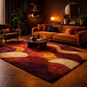Könnte beinhalten: Ein Wohnzimmer mit einem großen, farbenfrohen Teppich mit wellenförmigem Muster in Rot-, Orange- und Cremetönen. Der Raum umfasst ein orangefarbenes Sofa mit Kissen, einen grünen Sessel und einen dunklen Holztisch.