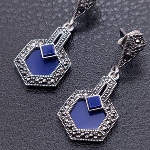 Corinthe - Lapis Lazuli, marcasite & sterling silver art deco inspired earrings