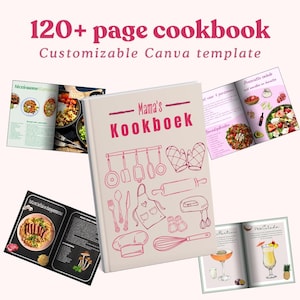May include: A cookbook with the title "Mama's Kookboek" and the text "120+ page cookbook Customizable Canva template". The cover features line drawings of kitchen utensils. Several open pages display recipes and food photography.