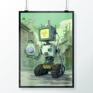 以下が含まれることがあります： 放射線マークが表示されたスクリーンヘッドを持つロボットが描かれた、額入りのアートプリント。戦車のようなキャタピラを持つロボットは、光る脳が入った瓶を持っています。背景には、緑色の空のある都市景観が描かれています。