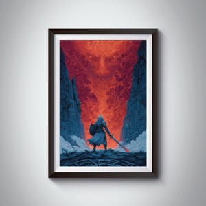 May include: Framed fantasy art print depicting a warrior standing before a fiery, ominous backdrop. The artwork features a figure in armor holding a sword, set between towering blue rock formations. The color palette includes shades of blue, red, and white.