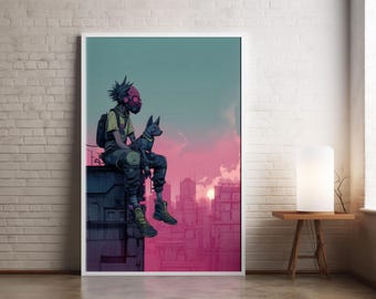 Cyberpunk-animeprint: gasmaskerjongen, hond, neonstad (digitale download)