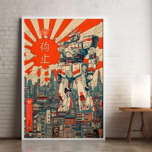 May include: Framed poster showing a large white and red robot in a city setting, with a rising sun design. Japanese text is present. The artwork has a vintage comic book style.