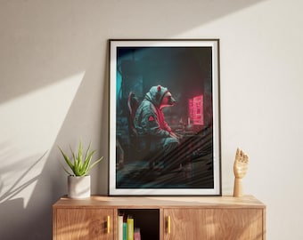 Cyberpunk Hacker Bear Art: Poster di gioco al neon (download digitale)