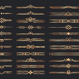 May include: A collection of Art Deco-style gold decorative dividers on a dark background. The dividers feature geometric shapes and lines, suitable for design elements or embellishments. The gold color provides a luxurious and vintage aesthetic.