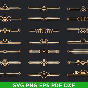 May include: A collection of Art Deco-style design elements in gold, arranged on a dark background. The image features various geometric shapes and patterns, including lines, triangles, and circles. The bottom of the image includes the text "SVG PNG EPS PDF DXF".