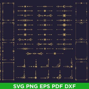 May include: A collection of gold celestial design elements, including frames, borders, and corner designs, on a dark blue background. The designs feature stars, moons, and suns. The image also includes the text "SVG PNG EPS PDF DXF".