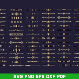 Puede incluir: Una colección de divisores gráficos digitales de color dorado dispuestos en una cuadrícula sobre un fondo oscuro. Cada elemento horizontal presenta motivos celestiales que incluyen soles, lunas, estrellas y patrones geométricos decorativos.