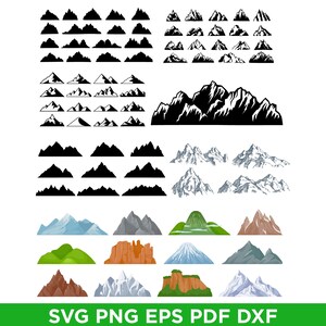 Könnte beinhalten: Eine Sammlung von Bergillustrationen in verschiedenen Stilen. Das Bild zeigt schwarze Silhouetten, detaillierte Graustufenzeichnungen und farbenfrohe Darstellungen von Bergketten. Am unteren Rand des Bildes steht der Text "SVG PNG EPS PDF DXF" in Grün.
