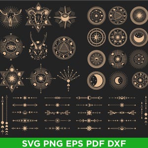 May include: A collection of celestial and mystical graphic elements in shades of tan and gold, including stars, moons, suns, and animal skulls. The image also includes decorative borders and the text "SVG PNG EPS PDF DXF" in green.