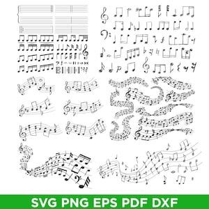 May include: Black and white musical notes and staff illustrations. Includes various musical symbols, such as treble clefs, quarter notes, eighth notes, and whole notes. The image also contains the text "SVG PNG EPS PDF DXF".