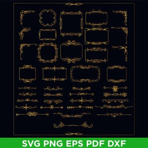 May include: A selection of gold decorative design elements, including frames, corners, and dividers, on a dark background. The designs feature ornate scrollwork and flourishes. The bottom of the image displays the text "SVG PNG EPS PDF DXF".