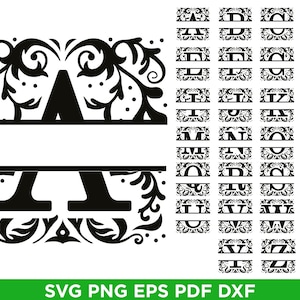 May include: Black and white monogram designs with ornate floral and scrollwork. The image includes the letter "A" in a split monogram style, along with a selection of other letters in a similar design. The bottom of the image has the text "SVG PNG EPS PDF DXF".