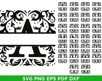Split Monogram Letters, Floral Frame, Vector Alphabet (svg, png, eps, pdf, dxf)