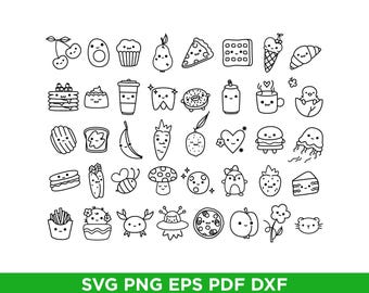 May include: Black and white line art illustrations of various food items and objects with cute faces. Includes cherries, an egg, a muffin, a pear, pizza, a waffle, ice cream, a croissant, pancakes, a cupcake, a coffee cup, a donut, a soda can, a coffee mug, and more.