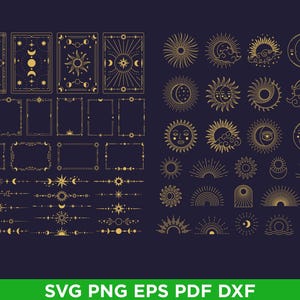 Magic celestial tarot frames, crescent dividers with Sun, stars and moon SVG bundle. DXF, png on transparent, pdf, eps witchy boho clipart
